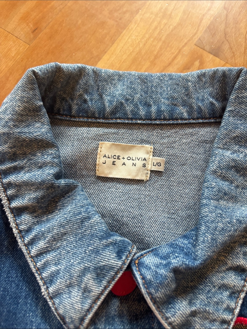 Alice + Olivia Blue Denim Jacket with Red Heart Appliqué Cutouts - Picture 2 of 10